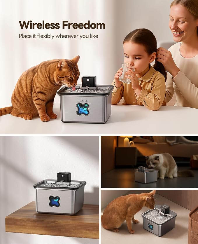 Cat Water Fountain Wireless + 6 Filters: [Visual Filter] & [Heavy-Duty Stainless Steel] FEELNEEDY- Premium, 3.2L/108oz, 4000mAh Battery Operated Pet Fountain with Sensor, for Cats and Dogs