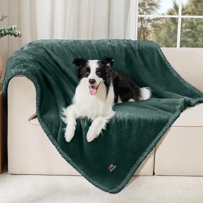 Luciphia Waterproof Blanket for Large Dog, Reversible Sherpa Couch Cover | waterproof pet blanket sherpa fleece reversible couch cover bed protector car from spills scratches, Dark Green 65" x 57"