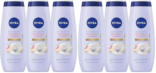 NIVEA Refreshing White Peach and Jasmine Body Wash with Nourishing Serum,Scented Body Wash for Women,Enriched with Provitamin B5 and Vitamin E,20 Fl Oz Bottle,(Pack of 6)