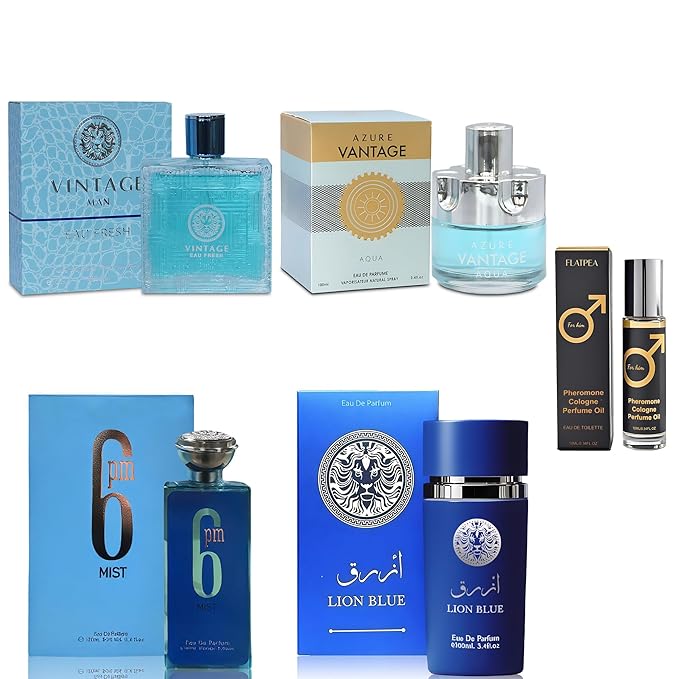 AFLUXE Men's Cologne Gift Set - Variety Pack of 4 Long Lasting Fragrances with 10ml Pheromone Cologne for Men Kit EDP/EDT (PHM-VitageMan/AzureAqua/6PMis/LionBlue)