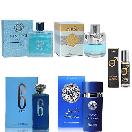 AFLUXE Men's Cologne Gift Set - Variety Pack of 4 Long Lasting Fragrances with 10ml Pheromone Cologne for Men Kit EDP/EDT (PHM-VitageMan/AzureAqua/6PMis/LionBlue)