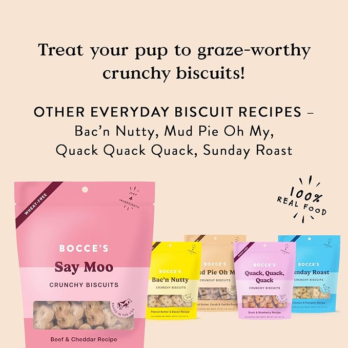Bocce's Bakery Say Moo Flavor Crunchy Biscuits Dog Treats, 5 oz | Oven Baked, Wheat-Free Everyday Dog Treat Biscuits - Made with Real, Limited Ingredients and Baked in The USA