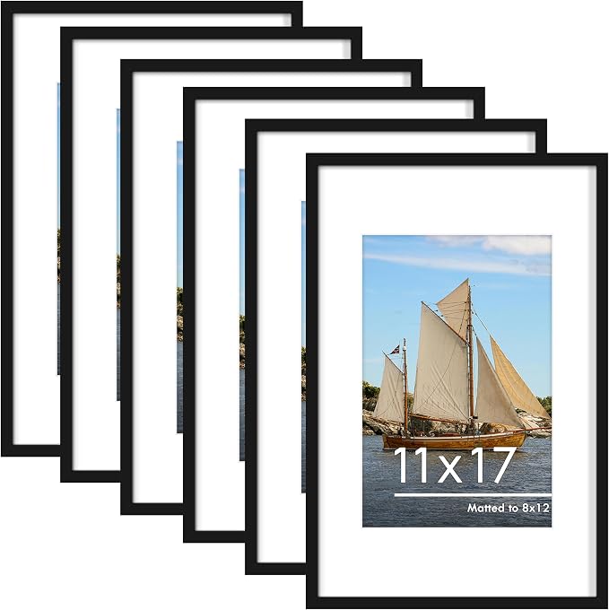 11x17 Picture Frame Set of 6, Wall Mounting Display, Black | Display 8x12 with Mat or 11x17 Without Mat, Horizontal or Vertical, Gallery Wall Frame Set for Wedding & Room & Home Decor