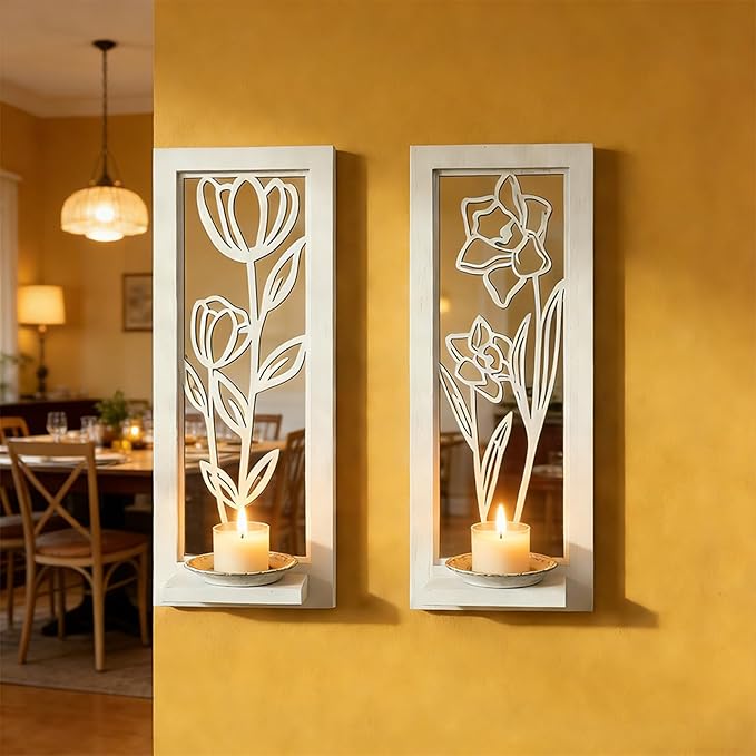 ZEXUIRU 2 Set Rustic Candle Sconces Living Room Bedroom Entryway Wood Mirrored, Farmhouse, Carved Frame Wall-Mount Wooden Candle Holders Wall Decor Hanging Handmade Holder - Distressed White