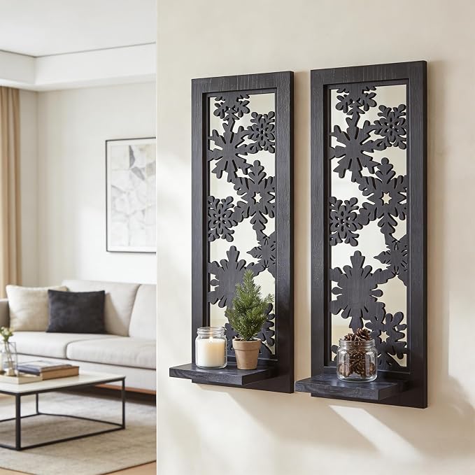 ZEXUIRU 2 Set Rustic Candle Sconces Living Room Bedroom Entryway Wood Mirrored, Farmhouse, Carved Frame Wall-Mount Wooden Candle Holders Wall Decor Hanging Handmade Holder - Black