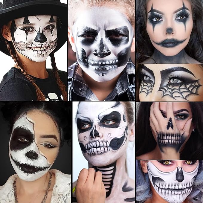 Black White Face Body Paint Halloween Foundation Gothic Makeup, CreamBlend Non Toxic Face Paint for Adult & kids Oli based Facepaint bodypainting Clown Zombie Vampire Skeleton SFX Mime Cosplay Makeup