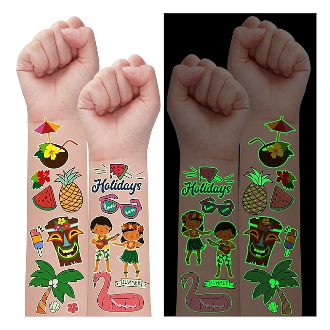 Partywind 190 Styles Luminous Hawaiian Luau Party Decorations, Glow Hawaiian Temporary Tattoos for Kids, Luau Tropical Pool Beach Party Supplies Favors (12 Sheets)
