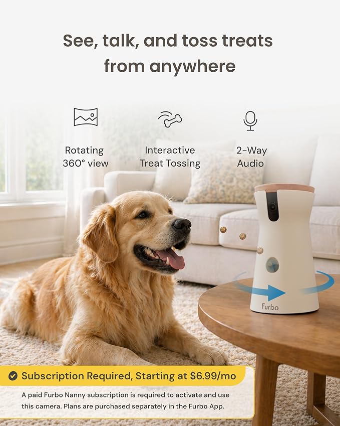 Furbo 360° Dog Camera [Subscription Required] Unlock w/Paid Plan: Home Security & Dog Safety Alerts, Rotating Pet Treat Toss, 2-Way Speaker (Low Risk, 3mo Min. Cancel Anytime) | Stay connected with AI Dog & Home Safety Alerts, Treat Toss, Auto-Tracking...