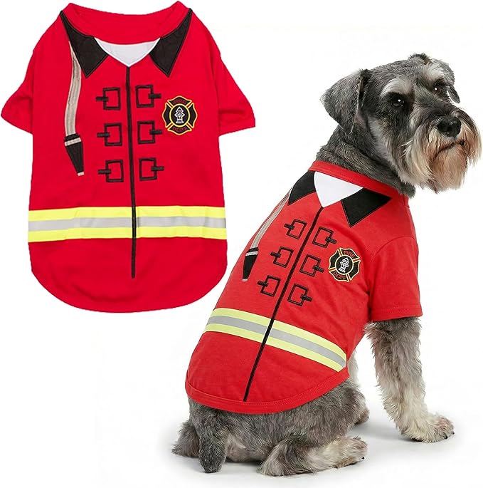 Parisian Pet Dog Costume - 100% Cotton Firefighter Dog Clothes for Large Dogs - Lightweight Puppy Outfits - Funny French Bulldog Clothes - Sleeved Red Shirt for Dogs - Stretchy Pet Costume