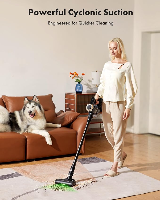 Trucozie Cordless Vacuum Cleaner, 8-in-1 Lightweight Stick Vacuum with 45mins Runtime, Powerful Suction, Green Light & Self-Standing Vacuum Cleaners for Home, Hardwood Floors, Carpet, Pet Hair, Black