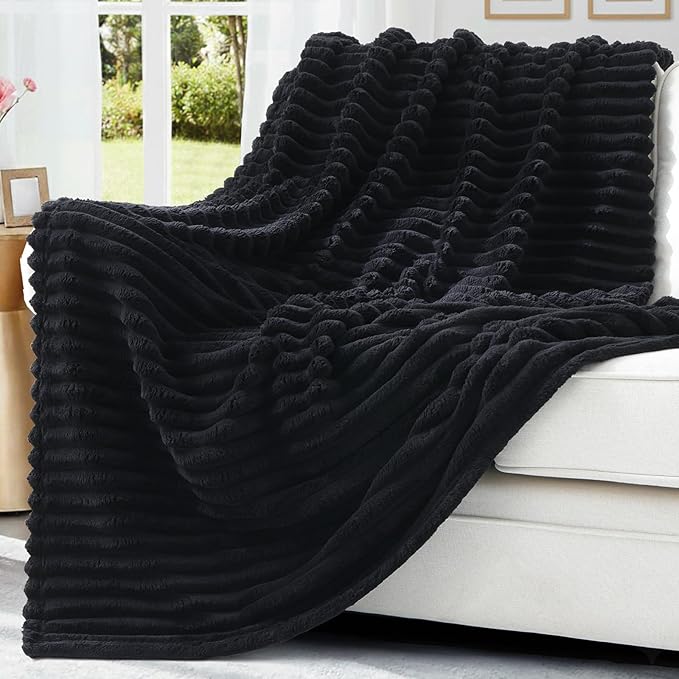 decorUhome Black Fleece Twin Blanket 60x80 Inches | Soft Couch Cozy Fluffy Plush Flannel Striped Blanket for Sofa Bed, Lightweight Decorative Ribbed Fuzzy Blanket for Woman