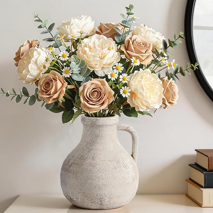 Ceramic Decorative Flower Vase 7.1 Inch Pottery Rustic Farmhouse Boho Terracotta Vase for Home Decor, Table, Living Room, Bathroom, Shelf, Mantel Decoration, Bronze
