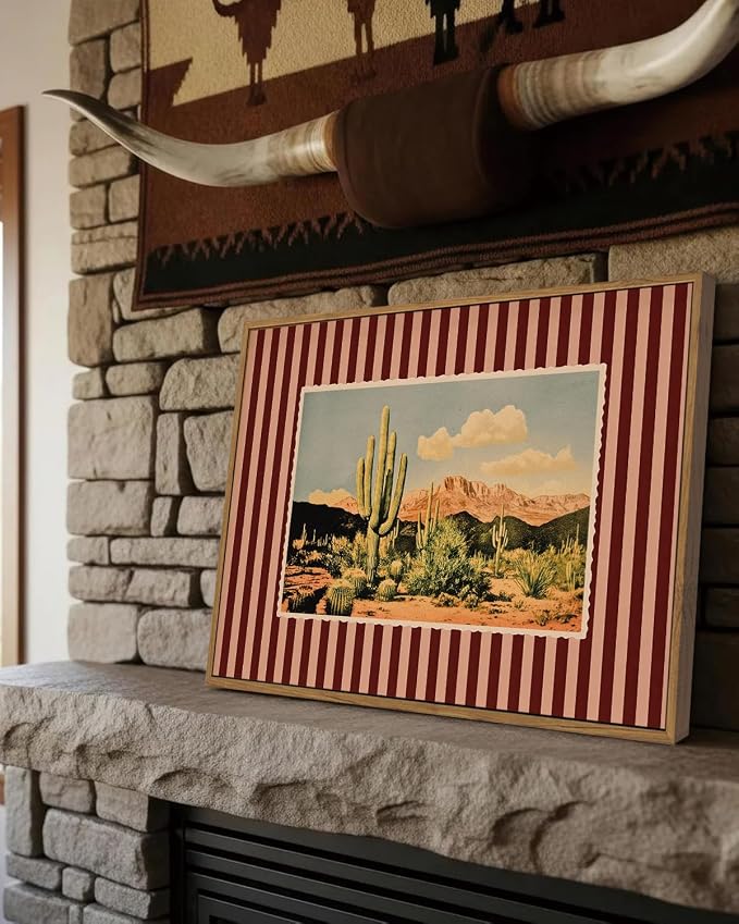 ZZLWBKGL Western Wall Decor Cactus Canvas Art Desert Framed Wall Art | Mid Century Southwestern Artwork Nature Striped Paintings for Living Room Bedroom Study