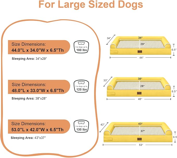 Orthopedic Dog Bed for Jumbo Dogs, 53 x 42 Inch, Ginger | Egg crate foam for joint support, 3-sided bolster pet sofa, waterproof lining, washable cover, and non-skid base