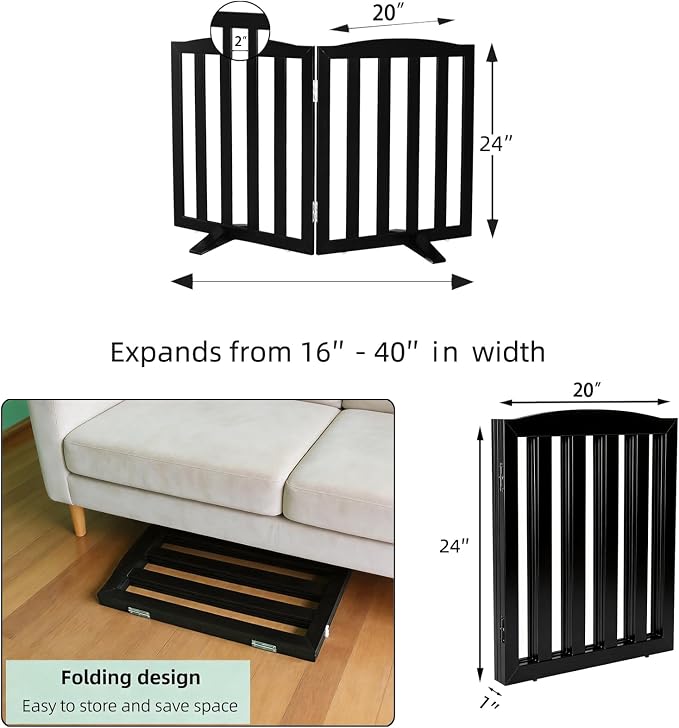 ZJSF Foldable Freestanding Indoor Dog Gate for House Wood Long Pet Gates Dog Fence for Stairs Puppy Gates for Hallways, Puppy Gate,Support Feet Included, Black, 24 "Height-2 Panels