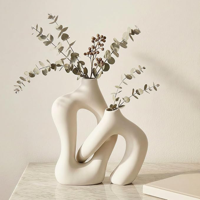 Dowan White Vases for Decor,Hollow Ceramic Vase Set of 2,8.3" Nordic Modern Boho ins Style Decorative Ceramic Aesthetic Flower Vase for Home Decor Modern Minimalist Table, Entryway Centerpieces