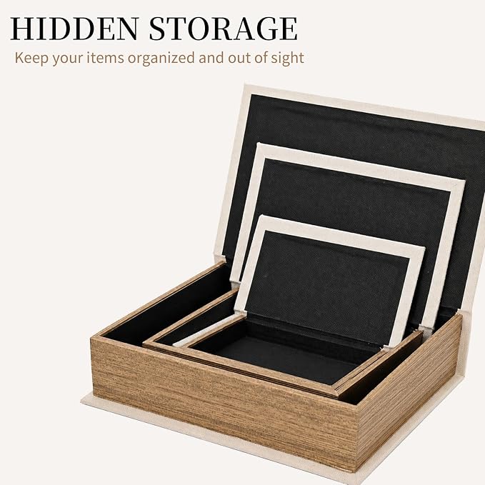 DECOR4SEASON Decorative Book Boxes Set of 3 – Modern Faux Linen & Wood Hidden Storage for Coffee Table – Stackable Fake Books for Shelf Decor, Remote Control & Jewelry Organizer (Beige)