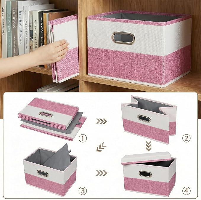 Storage Bins with Lids [3-Pack] Linen Fabric Foldable Storage Boxes Organizer Containers Baskets Cube with Cover for Bedroom Closet Office Pink&White（11.4X8.6X6.7