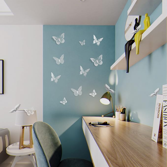 SAOROPEB 3D Butterfly Wall Decor, 48 Pcs 4 Styles 3 Sizes, Removable Metallic Wall Sticker Room Mural Decals for Kids Bedroom Nursery Classroom Party Decoration Wedding Decor DIY Gift (Sliver) | 4 Styles 3 Sizes, Removable Metallic Wall Sticker Mural D...