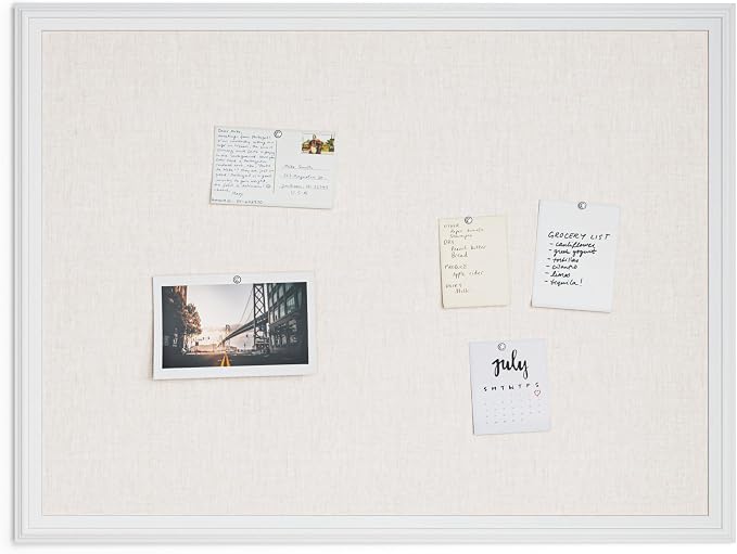 U Brands Farmhouse Linen Bulletin Board, 40" x 30", White Wood Style Frame, Industrial Grade Pinning Surface
