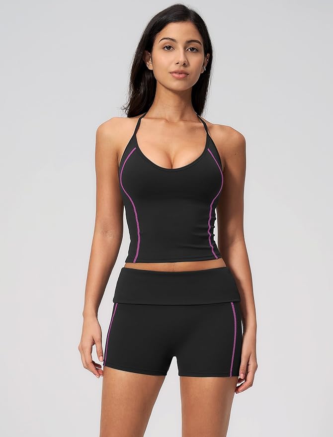 QBGJTD Women 2 Piece Workout Set Color Block Open Back Halter Top and High Waist Booty Lifting Shorts Yoga Outfit