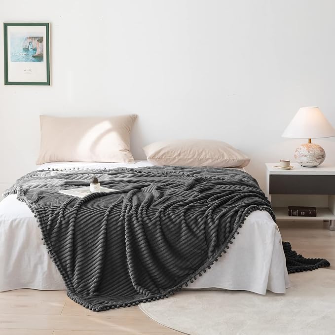 DISSA Fleece Blanket Twin Size – 60x80, Dark Grey – Soft, Plush, Fluffy, Fuzzy, Warm, Cozy – Perfect Throw for Couch, Bed, Sofa - with Pompom Fringe - Flannel Blanket Throw Blanket