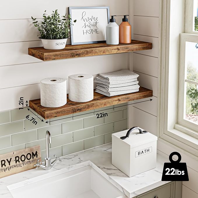 Fixwal Floating Wall Shelves for Decor (Rustic Brown, Set of 2, 22Inch) | MDF Shelf with Metal Brackets, Space Saving for Books , Decor, Fits Bathroom, Kitchen, Bedroom, or Office