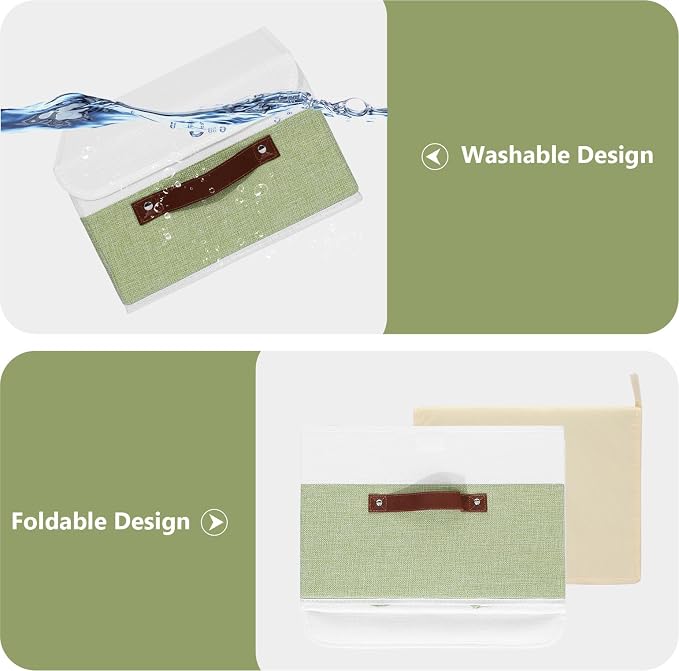 ANMINY Fabric Storage Box Bins with Lids, Green White, 13"x9"x7.9" | Keepsake Memory Storage, Cotton Linen, PP Board Reinforced, Washable, PU Handles, Foldable & Stackable, Decorative, Medium