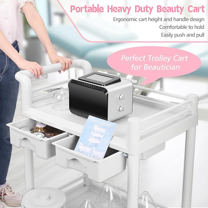 Beauty Trolley Cart with Wheels, Esthetician Cart with Handrail, Bucket and 2 Big Drawer, 2 Tier Heavy Duty Vacuum Therapy Machine Trolley, Load 330lbs, 360° Rotate Silent Wheels