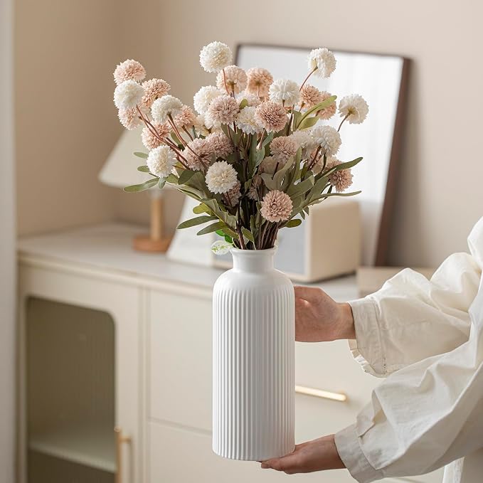 Large Modern Ceramic Vase Set, White Ribbed Matte Design, 10 Inch Tall, 4 Inch Width, 3-Piece Decorative Vases for Home, Living Room, Office (XL Matte Glaze White)