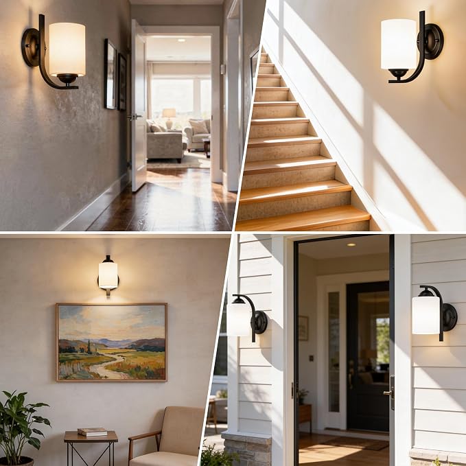 2-Pack Wall Sconces for Bedroom and Bathroom, Matte Black Farmhouse Wall Light Fixtures with Glass Shade, Modern Vanity Wall Lamps for Living Room, Hallway, Kitchen
