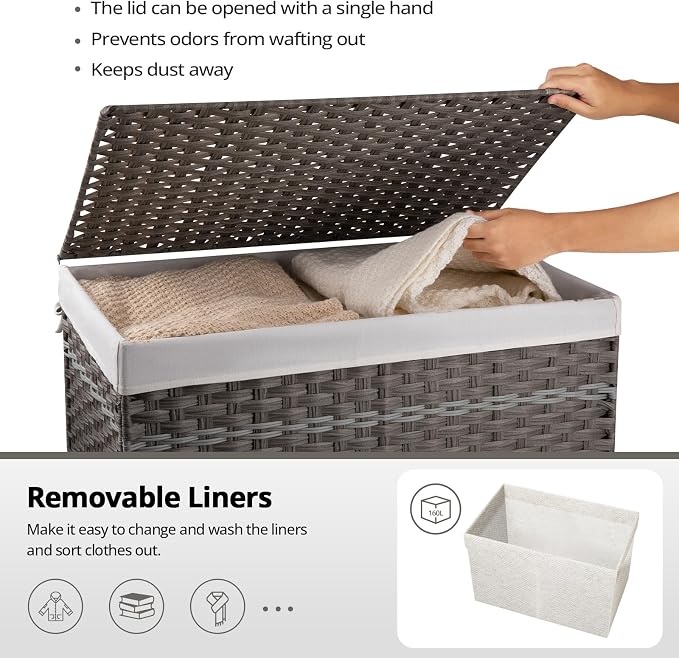 OIAHOMY Storage Basket with Lid, 42.3 Gallon (160L) Blanket Basket with Removable Liner Bag, Synthetic Wicker Hamper with Handle, Foldable, Hamper for Living Room, Grey
