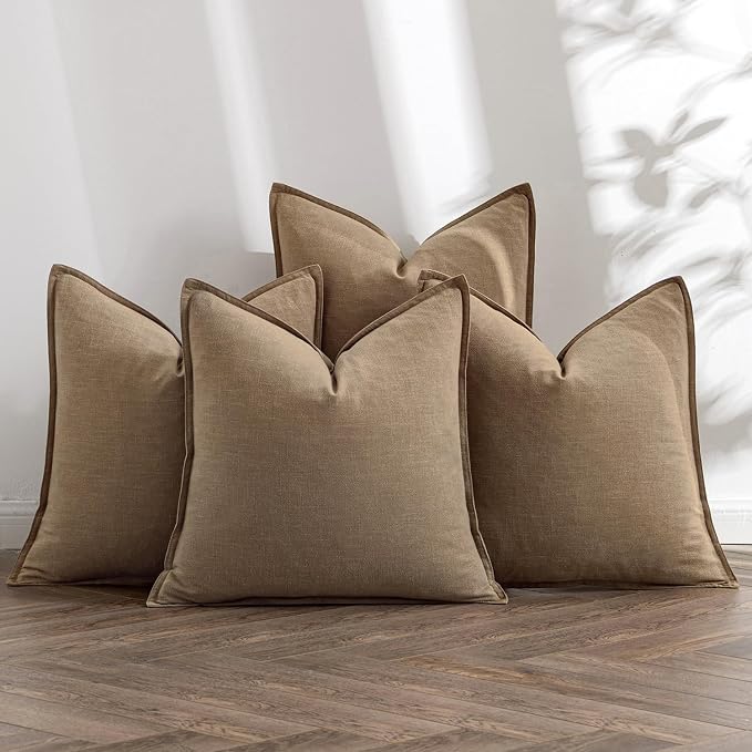 MIULEE Khaki Boho Linen Decorative Pillow Covers 24x24 Inch Pack of 4 | Natural Throw Pillow Covers, Soft Farmhouse Couch Pillowcases, Modern Home Decors for Living Room Bed Sofa