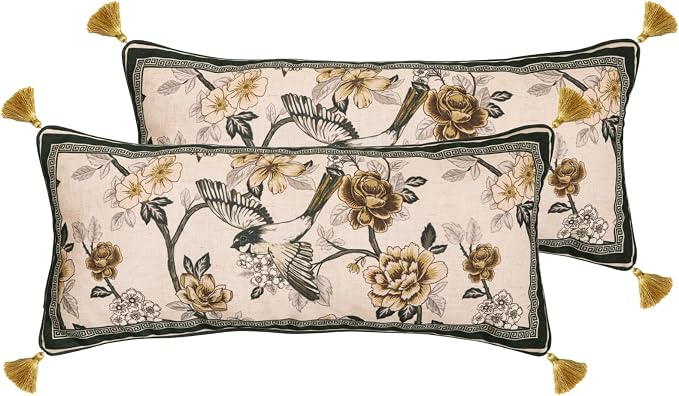 Vintage Linen Rectangle Throw Pillow Cover,Set of 2,28"x12"-Murad A | Designer French Decor Pillow Cover,Concealed Zipper Design,Floral and Bird Pattern,Sofa,Bedroom,Living Room,Lounge Chairs