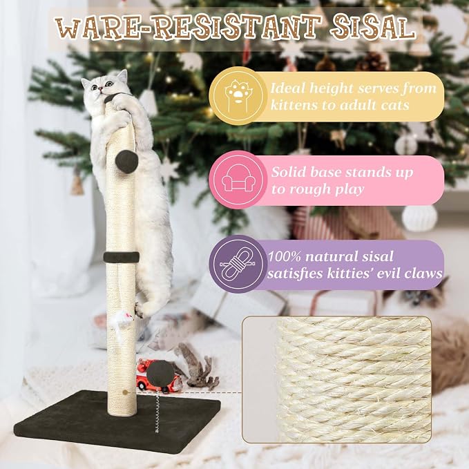 ANWA 32" Tall Sisal Cat Scratching Posts Tree for Indoor Cats Adults, Brown | Sisal Cat Scratcher, Small Space, Cat Post with Dangling Plush Toys for Indoor Cats, 15.7" Stable Base, Cat Furniture