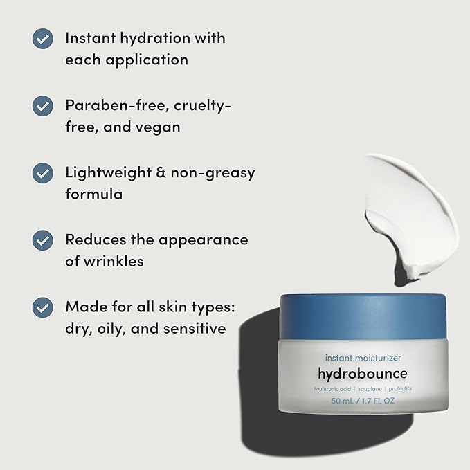 hers Hydrobounce Instant Moisturizer - Hyaluronic Acid, Squalane, & Probiotic Formula - Lightweight Daily Face Cream - Hydrating Vegan Facial Lotion – 1.7 Fl Oz