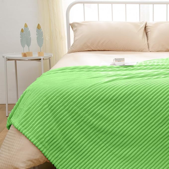 Vessia Flannel Fleece Throw Blanket for Couch,Sofa,Bed, 300GSM Microfiber Green Striped Chair Blanket for Adults and Kids, Super Soft Warm Cozy Lightweight Ribbed Throw for All-Season