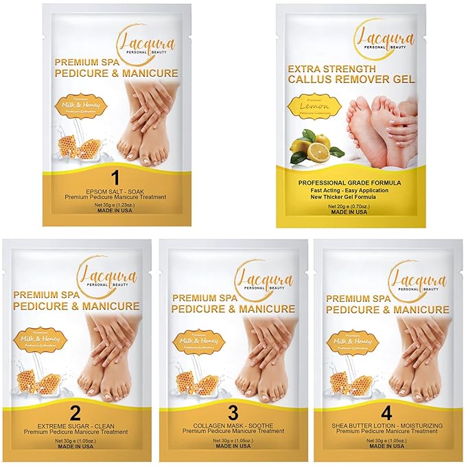 Epsom Salt Soak, Callus Remover Gel, Extreme Sugar Scrub, Collagen Mask & Shea Butter Lotion – Professional Spa Foot Care System 5 Step Luxury Pedicure Kit. Milk & Honey 03 Set