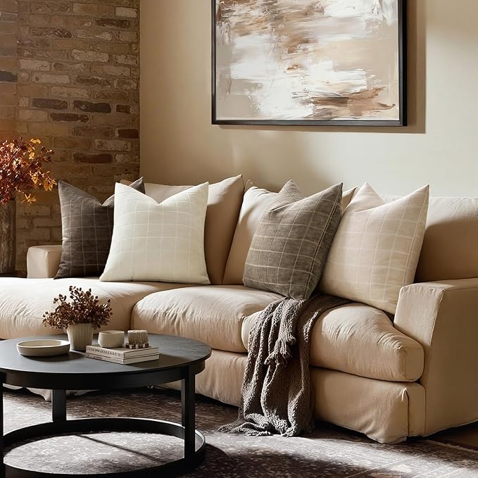 MIULEE Taupe Grey Plaid Decorative Fall Throw Pillow Covers 20x20 Set of 2 | Vintage, Check Chenille Couch Pillows, Boho Farmhouse Cushion Covers, Modern Home Decor for Sofa Bed Living Room