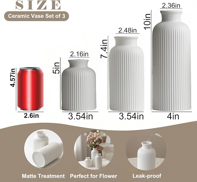 Large Modern Ceramic Vase Set, White Ribbed Matte Design, 3-Piece Decorative Vases for Home, Living Room, Office (XL White)