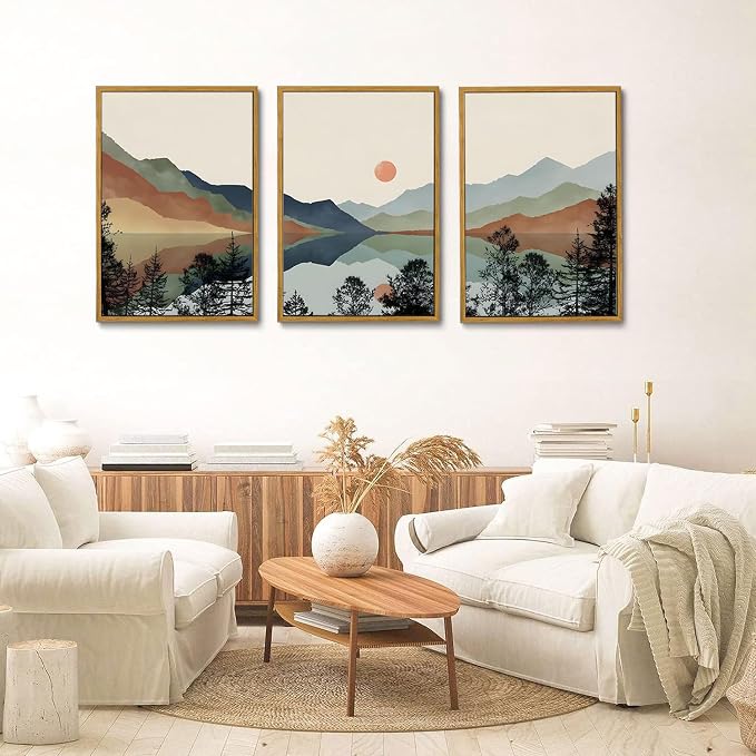 Blue Mountain Framed Canvas Wall Art Set of 3, 16x24 inch | Boho Watercolor Wall Decor, Blue Mountain Sun Forest Prints, Living Room Bedroom Office Art