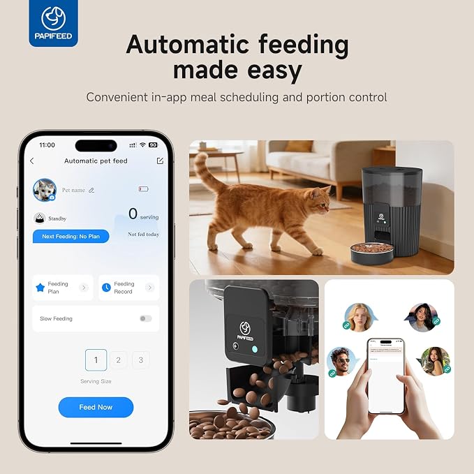 PAPIFEED Automatic Cat Feeder and Water Fountain Stainless Steel, Auto Cat Food & Water Dispenser, Quiet Pet Drinking Fountain with LED, Timed Cat Feeder with App, 10 Meals/Day, Smart Cat Feeder Set