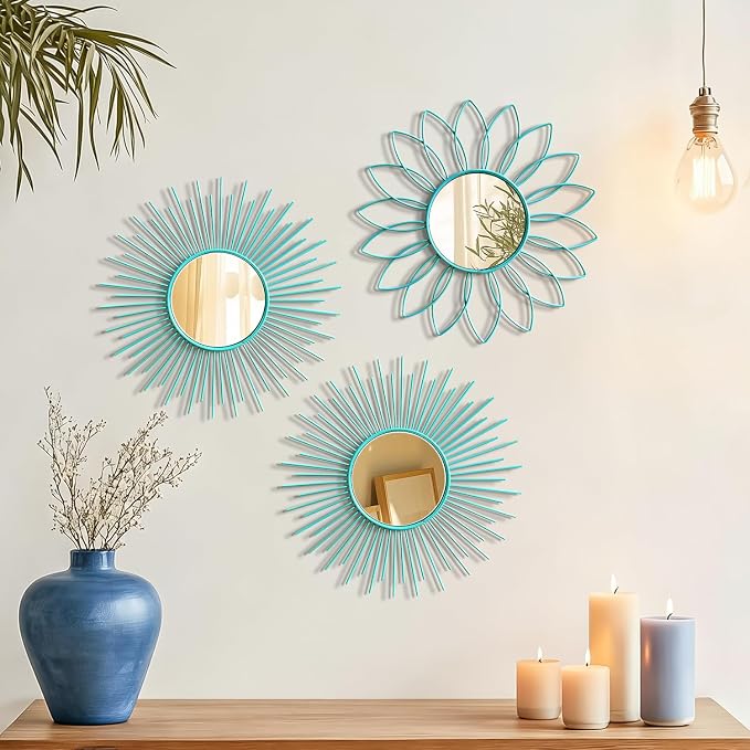 3 Pack Metal Mirrors for Wall Sunburst Wall Mirrors Home Décor Decorative Hanging Wall Art for Living Room Bedroom Entryway (Greenish Blue, Flower+Sunburst)