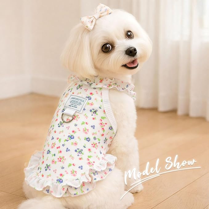 2 Pack Dog Cat Dresses for Small Dogs Girl Cute Heart & Floral Print Ruffle Sleeve Hem Breathable Stretchy Pet Puppy Cat Summer Clothes Outfits for Chihuahua Yorkie Teacup Extra Small Tiny Dogs
