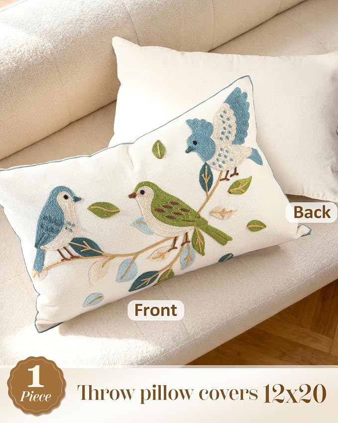 Animal Embroidered Lumbar Pillow Cover 20x12 Inch, Floral Birds | Decorative Throw Pillow Cover, Cottagecore Cushion Cases with Hidden Zipper, Farmhouse Decor for Couch, Sofa, Bedroom