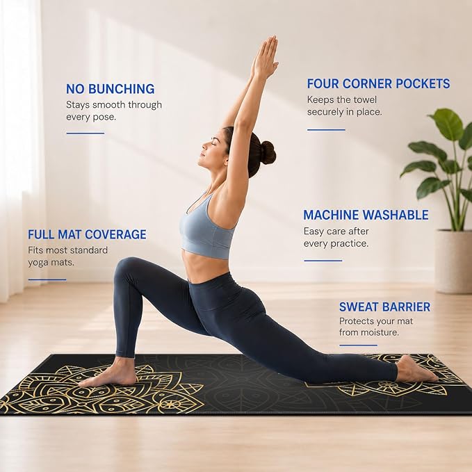 Yoga Mat Towel, Hot Yoga Non Slip with 4 Corner Pockets, 70 x 26 in | Soft Absorbent Microfiber With Four Corner Pockets, Fits Over Yoga Mats For Hot Yoga, Pilates, Gym, And Travel