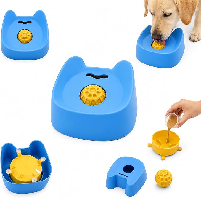 Slow Feeder Dog Lick Bowl with Rolling Ball and Suction Cups Blue