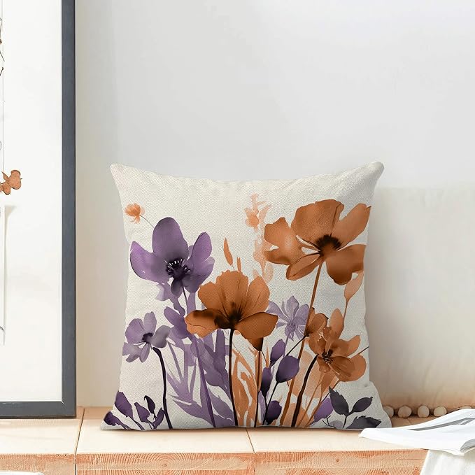 Floral Pillow Covers 18x18 Inches Set of 2 Fall Purple Orange Floral Throw Pillow Covers Outdoor Rustic Summer Flower Decoration Pillowcase Farmhouse Decorative Cushion Cover for Couch Sofa