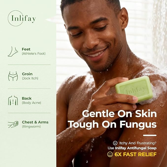 Inlifay Antifungal Soap for Athlete's Foot: Medicated Bar with Tea Tree Oil & Sulfur for Active Men - Itch Relief & Odor Control for Post-workout in Gym Locker Room (2 Pack)