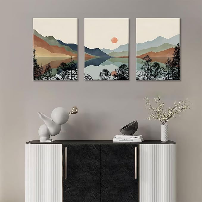 Bwodke Blue Mountain Canvas Wall Art Set of 3, 16x24 inch | Boho Watercolor Wall Decor, Blue Mountain Sun Forest Prints, Living Room Bedroom Office Art